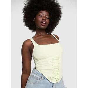 PINK Sz L Lime Green Ribbed Corset Tank Victoria Secret Soft Milkmaid Coquette